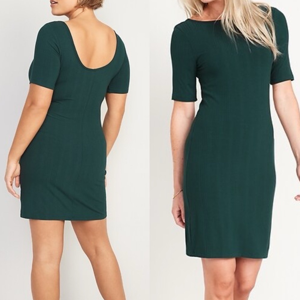 Old Navy Emerald Green Ribbed Short Sleeve High Neck Scoop Back Mini Dress Sz XL